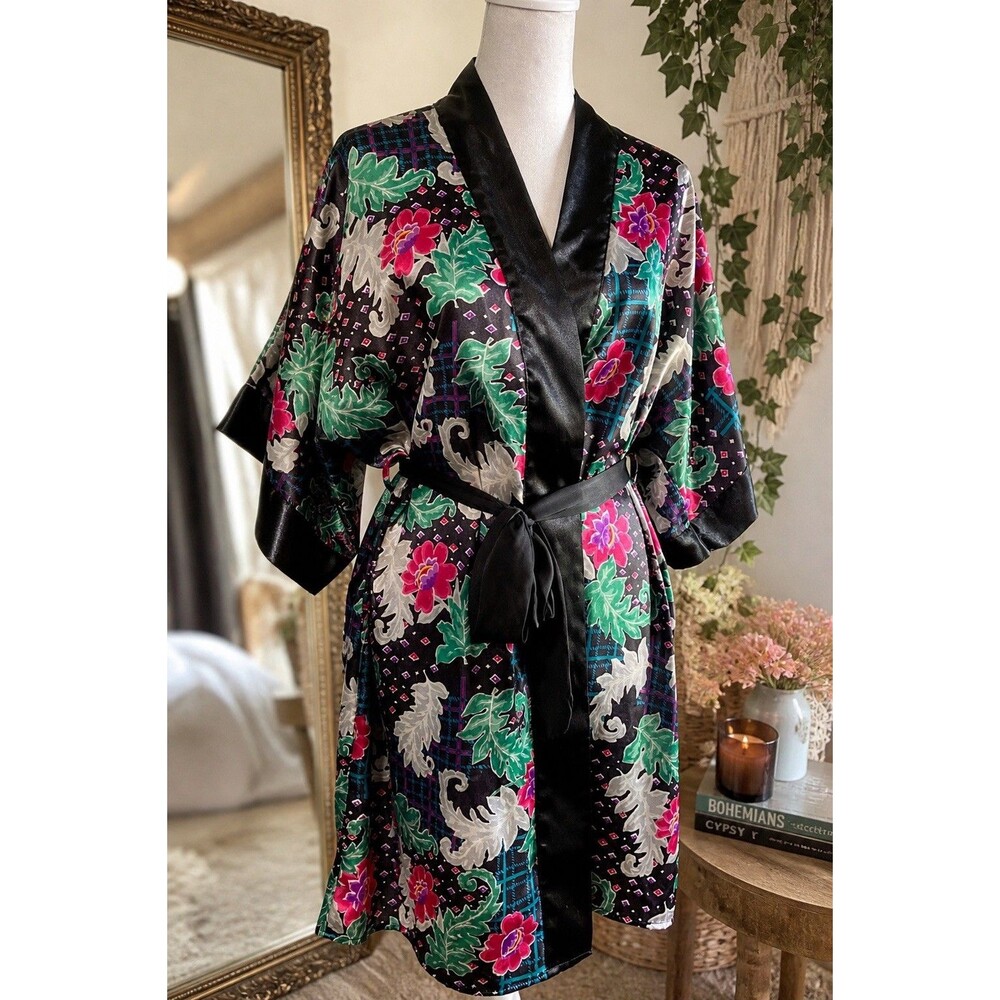 Vintage Style Floral Satin Kimono Robe Black Pink Green Belted Boho Lounge